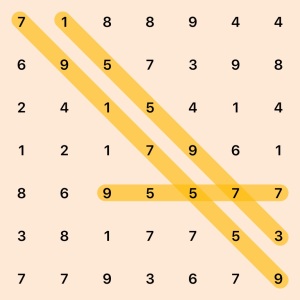 7 by 7 board, selected 7 9 1 7 5 5 9, selected 1 5 5 9 7 3, selected 9 5 5 7 7, row 1: 7 1 8 8 9 4 4, row 2: 6 9 5 7 3 9 8, row 3: 2 4 1 5 4 1 4, row 4: 1 2 1 7 9 6 1, row 5: 8 6 9 5 5 7 7, row 6: 3 8 1 7 7 5 3, row 7: 7 7 9 3 6 7 9
