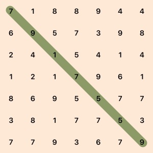 7 by 7 board, selected 7 9 1 7 5 5 9, row 1: 7 1 8 8 9 4 4, row 2: 6 9 5 7 3 9 8, row 3: 2 4 1 5 4 1 4, row 4: 1 2 1 7 9 6 1, row 5: 8 6 9 5 5 7 7, row 6: 3 8 1 7 7 5 3, row 7: 7 7 9 3 6 7 9